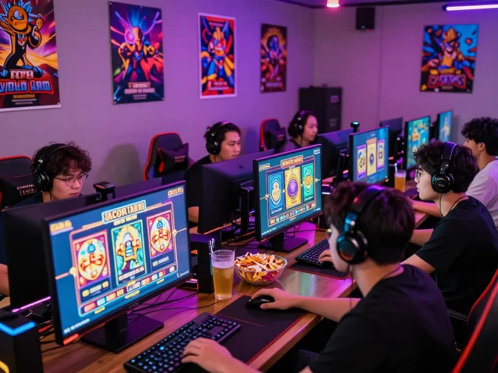 Seorang kelompok gamer menikmati slot gacor hari ini di lounge permainan yang ramai dengan warna-warna cerah.