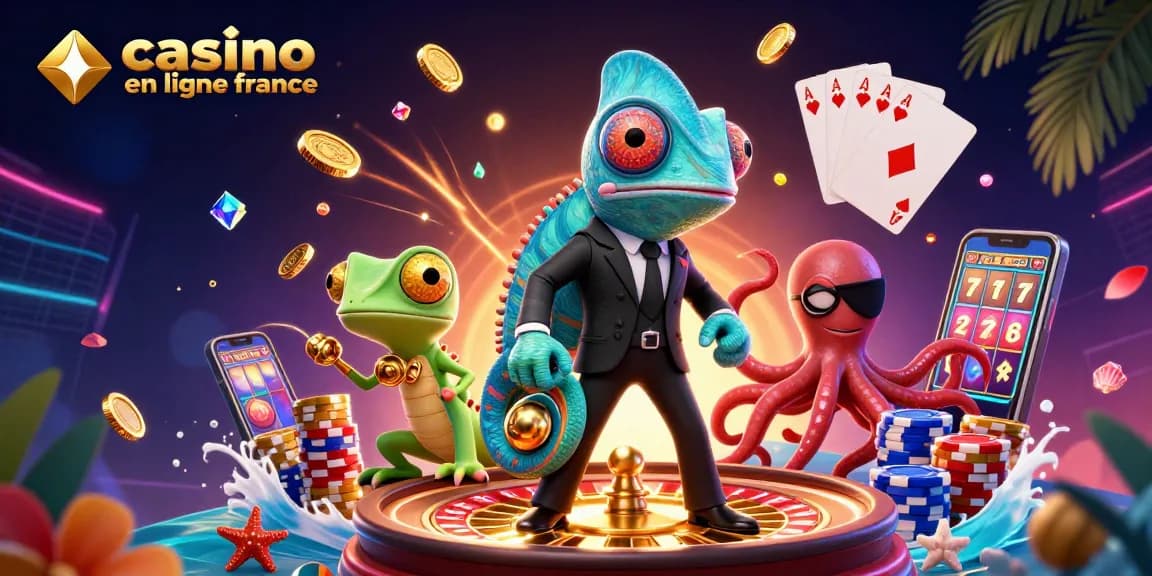 Illustration dynamique représentant un chameleon agent secret, un gecko avec gadgets dorés et une pieuvre dans un casino en ligne France.