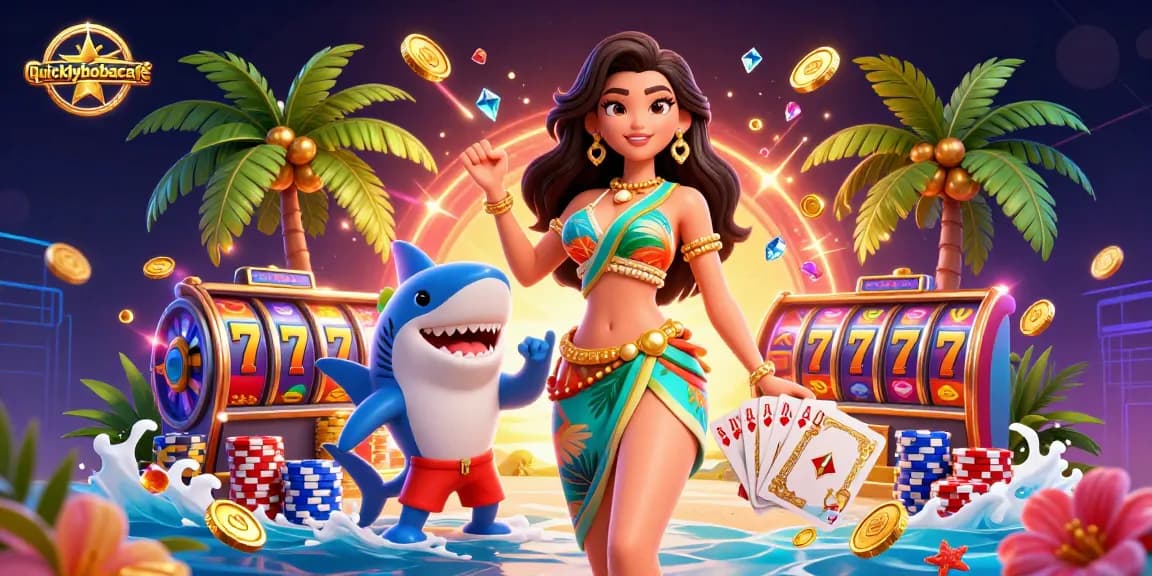 Vibrant scene showcasing quicklybobacafe theme with characters, slot reels, and casino elements.