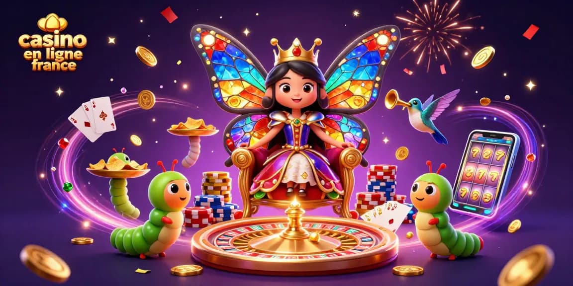 Illustration de la reine d'un casino en ligne France, entourée de jetons et de jeux d'argent.