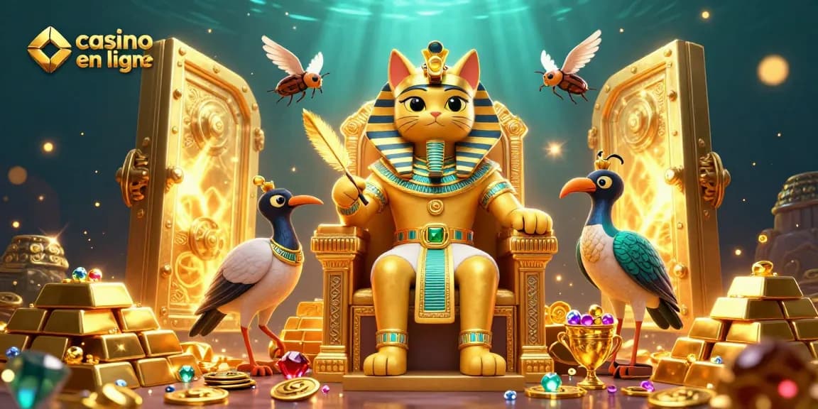Collection vibrante d'éléments de casino en ligne avec un chat pharaon et des trésors dorés.