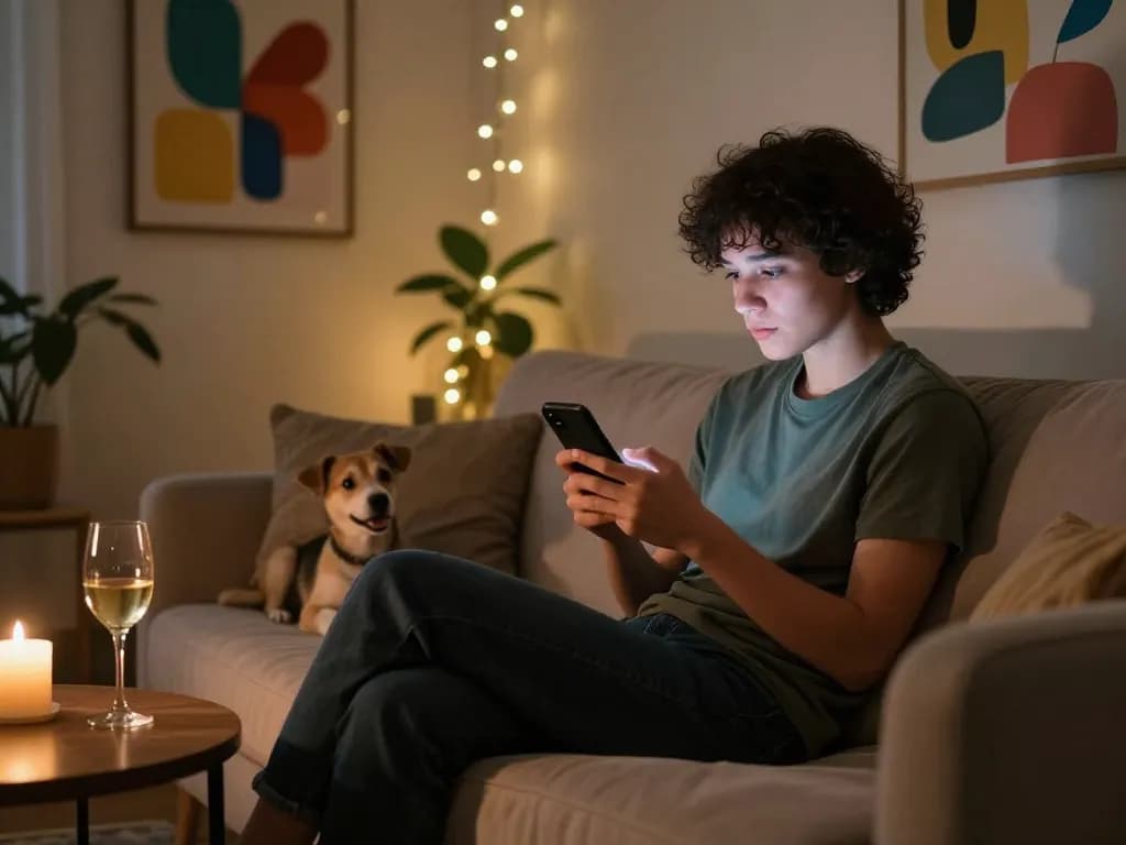 Engaging in an NSFW AI chat on a smartphone in a cozy, modern home.