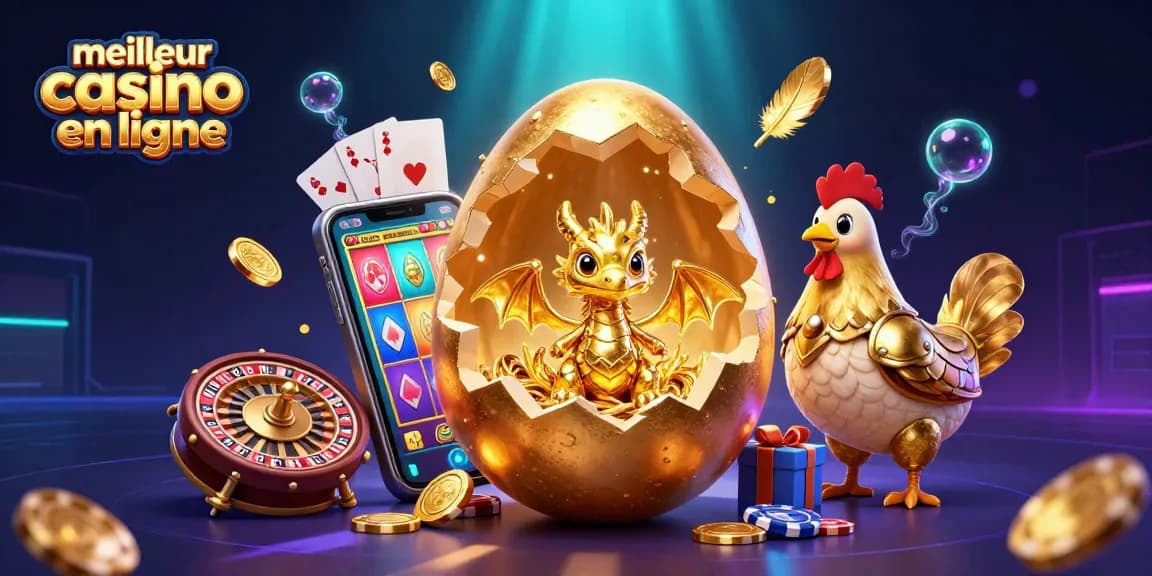 Jouez au meilleur casino en ligne avec une illustration captivante d'un dragon d'or et des jetons de poker.