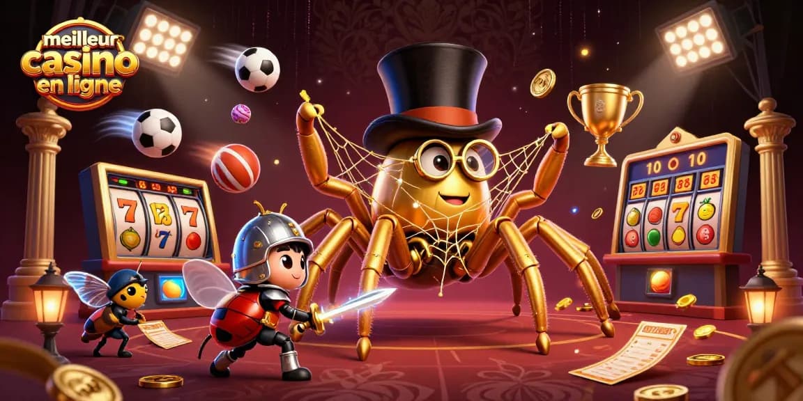 Le meilleur casino en ligne propose une scène animée avec un tarentule dorée et un chevalier scarabée dans un univers de jeux.