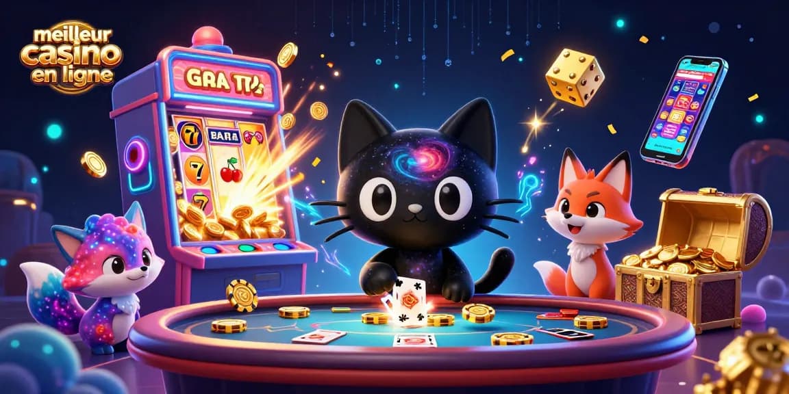 Meilleur casino en ligne où un chat noir de trou noir attire des jetons d'or et des cartes sur une table de casino cosmique