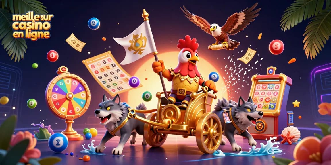 Gagnez au meilleur casino en ligne avec cette illustration dynamique et colorée représentant des éléments de loterie.