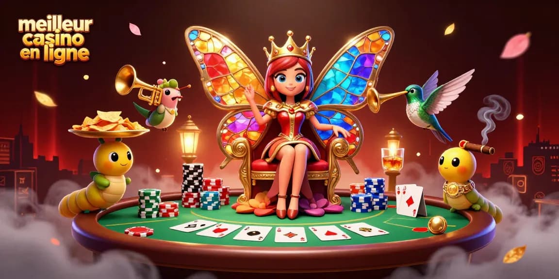 Jouez au meilleur casino en ligne avec une reine papillon dans une scène 3D captivante.