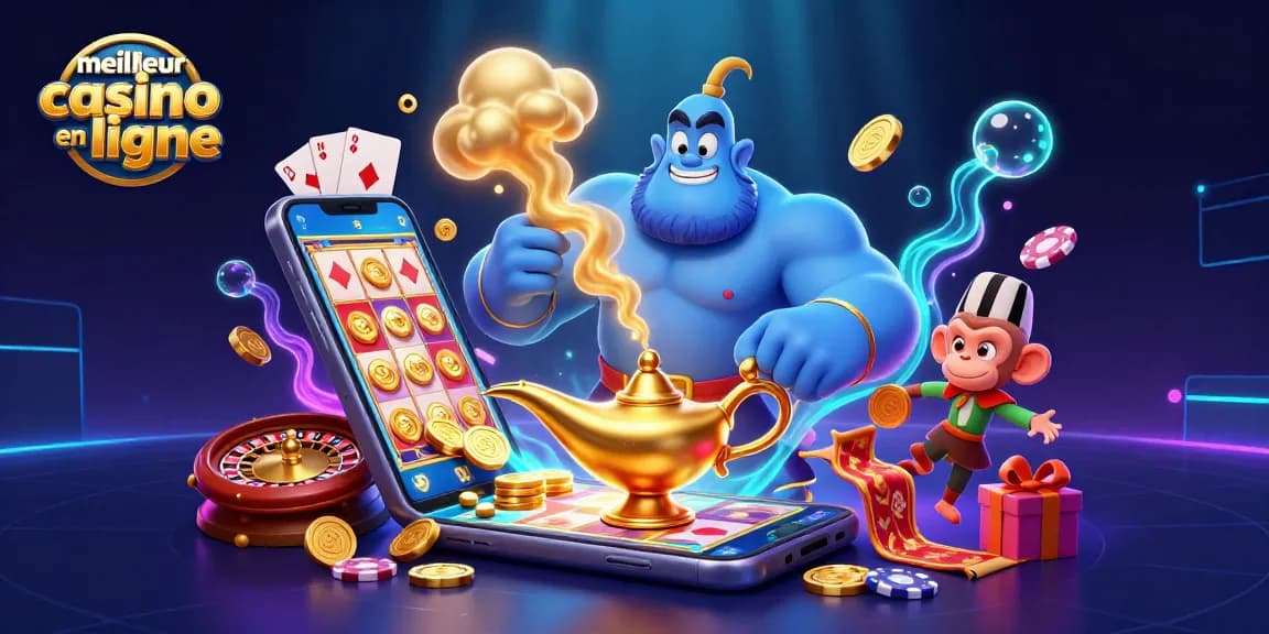 Évaluez le meilleur casino en ligne avec un génie bleu et des jeux de hasard animés.
