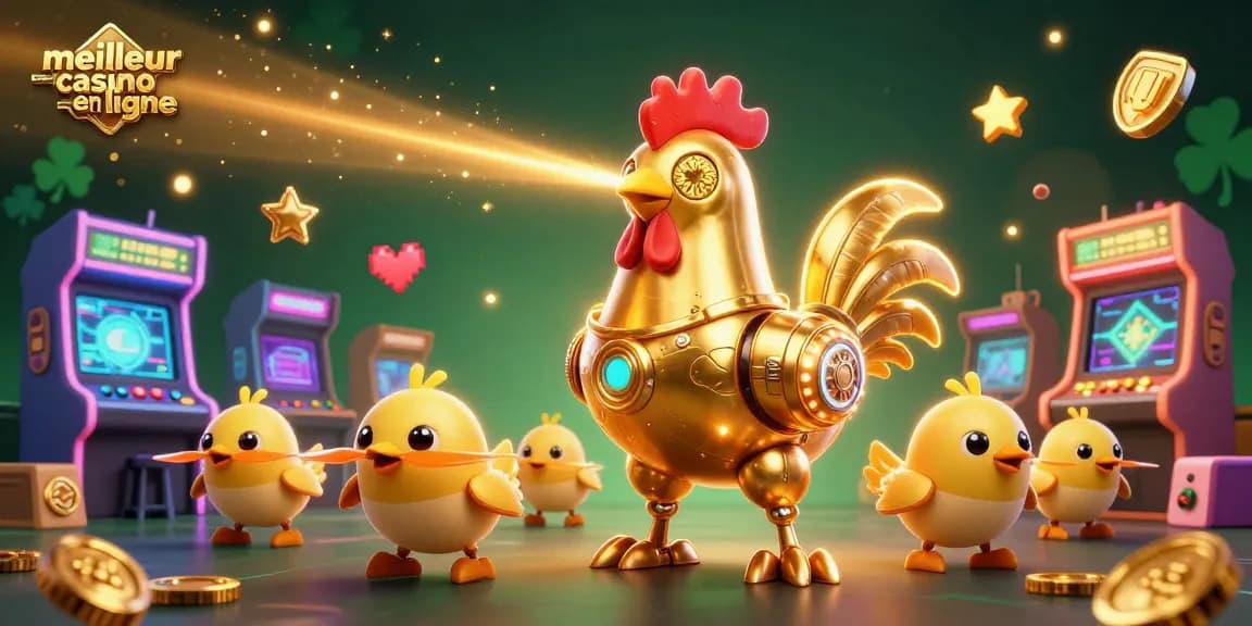 Découvrez le meilleur casino en ligne avec une illustration captivante et dynamique d'un robot coq doré et ses drones