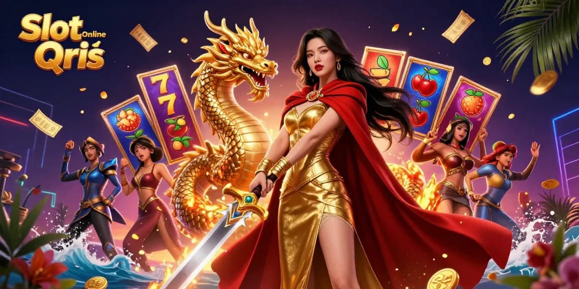 Engage with Slot Online Qris through vibrant slot reels and lucky symbols in an exciting casino scene.