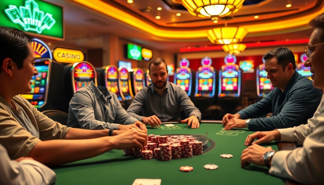 bbni4d menampilkan pemain yang asyik bermain poker di meja kasino.