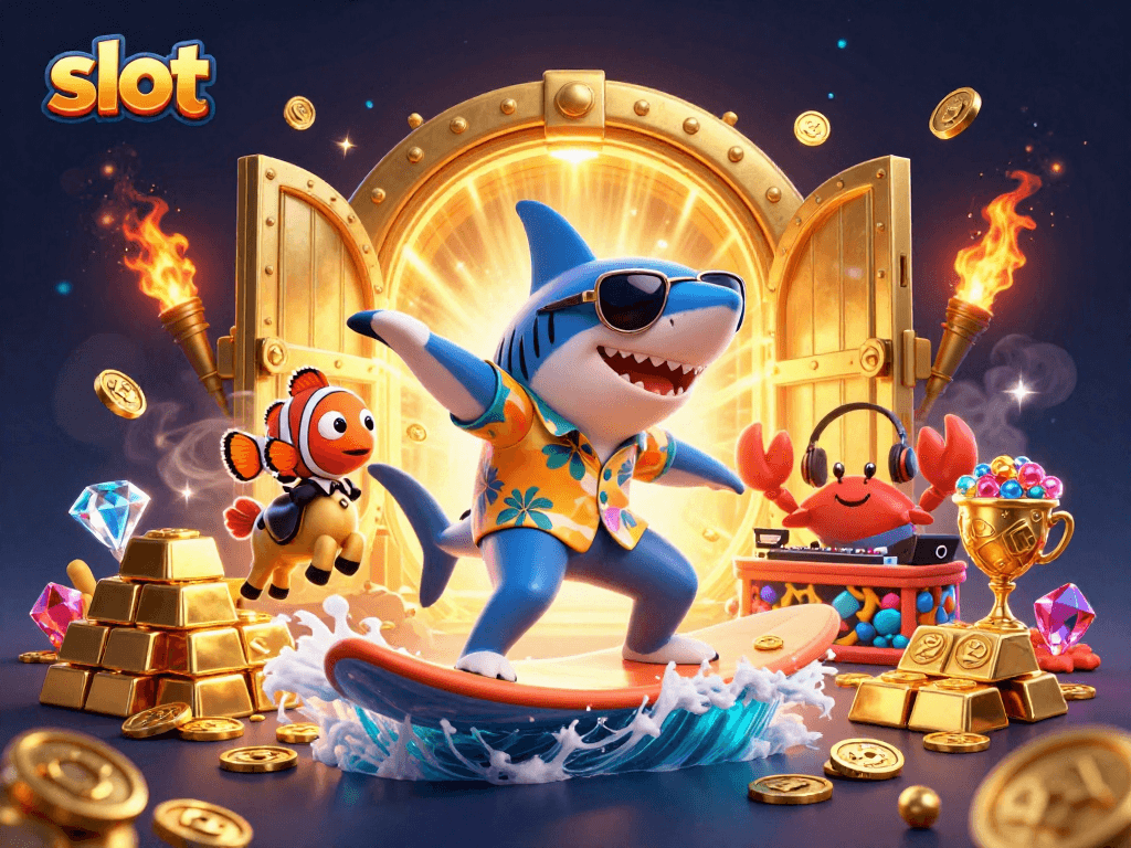 Experience slot gaming with a vibrant shark surfing gold coins, enhancing the thrill.