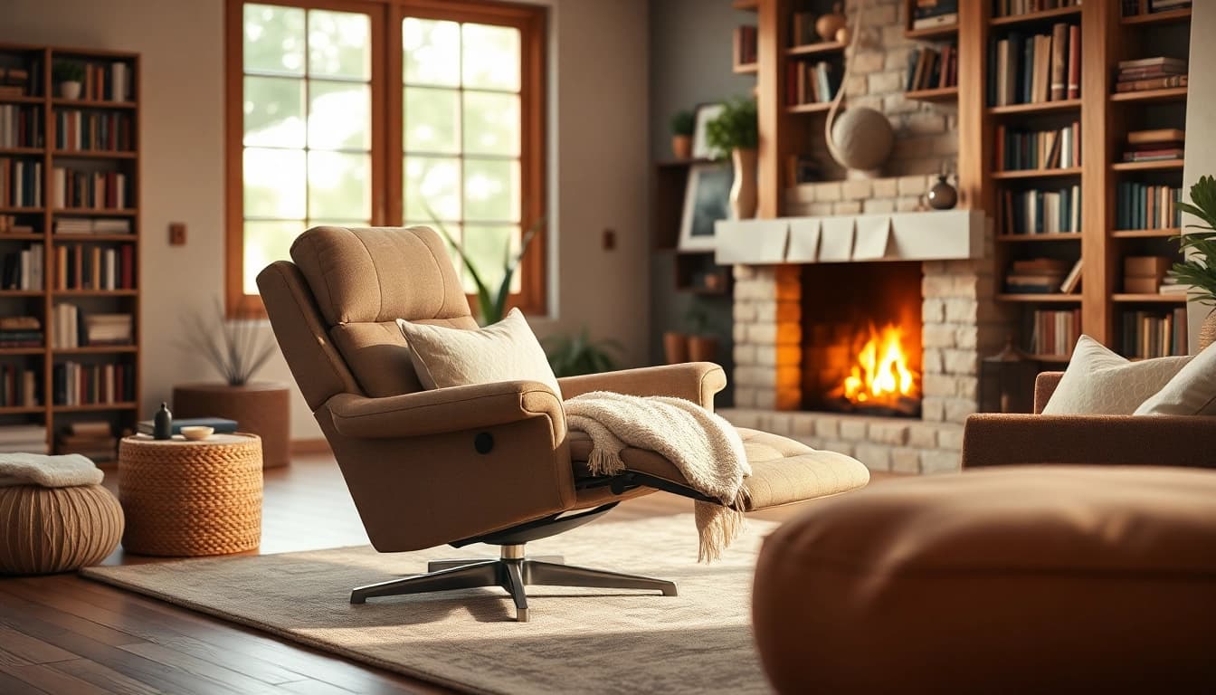 This stylish recliner with independent back and footrest offers comfort in a cozy living room setting.