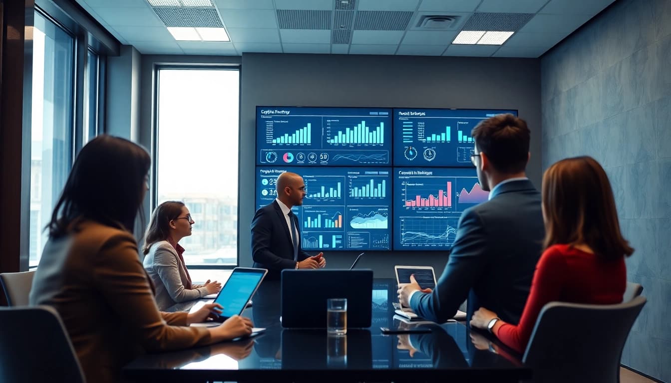 View of professionals discussing competitive intelligence faqs in a modern meeting room.