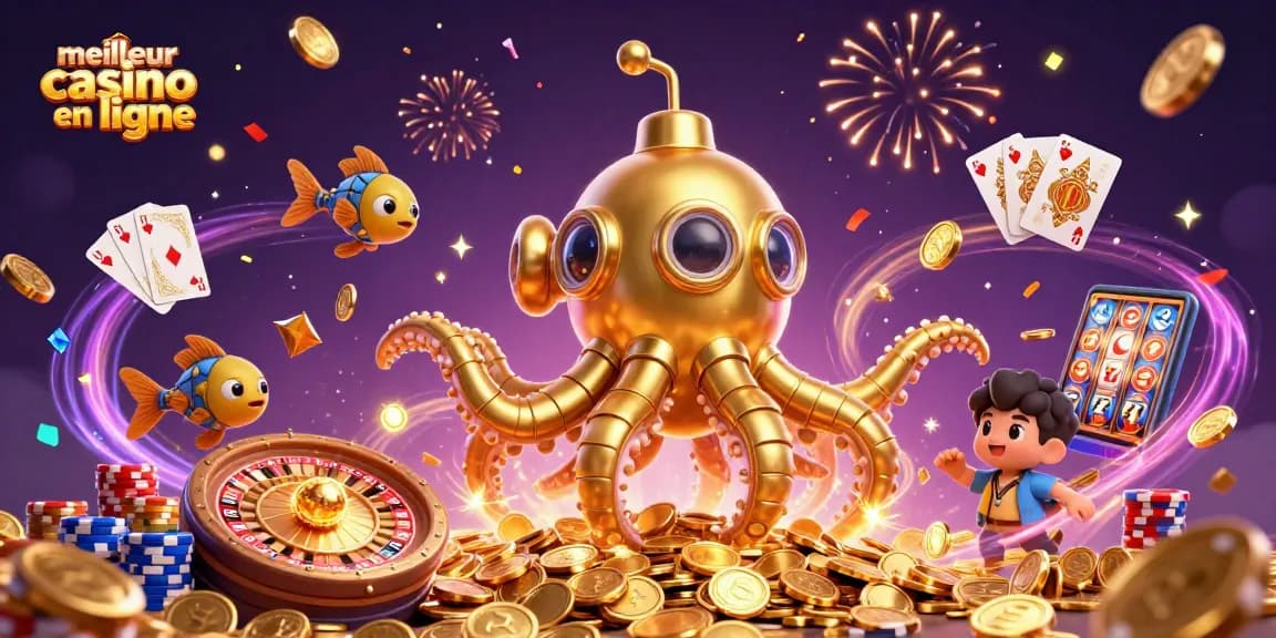 Jouez avec le meilleur casino en ligne dans une illustration de kraken doré et de jetons scintillants.