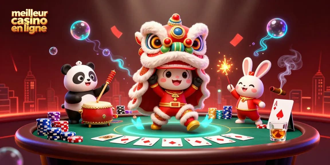 Rejoignez le meilleur casino en ligne avec une illustration animée de danse de lion et d'autres éléments de jeu.