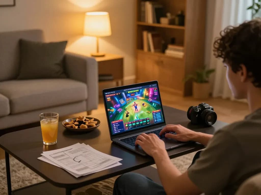 Engaging in สล็อต gameplay on a laptop with dynamic visuals, showcasing a cozy home gaming atmosphere