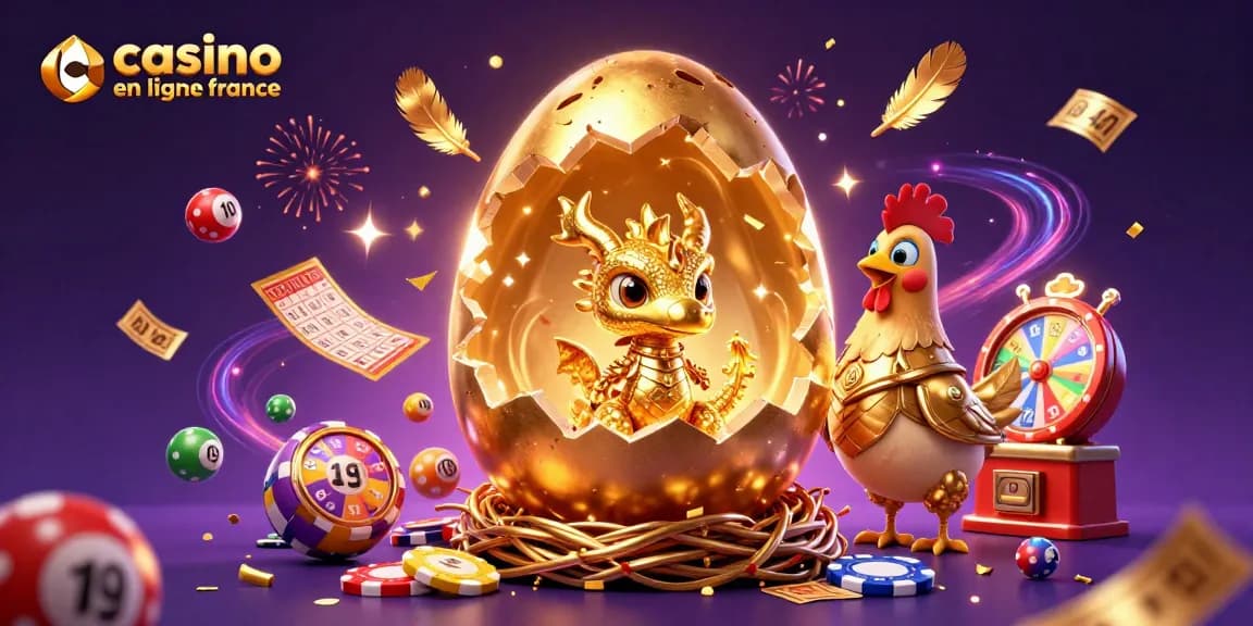 Visualisez l'univers du casino en ligne France avec un dragon doré entouré de jeux de loterie et de récompenses.