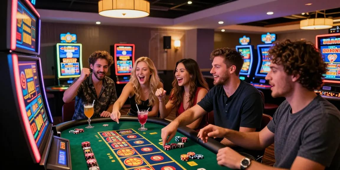 A lively scene at a credit card casino showcasing friends celebrating their win at being-there.org.uk, with dynamic gaming activities and a vibrant atmosphere.