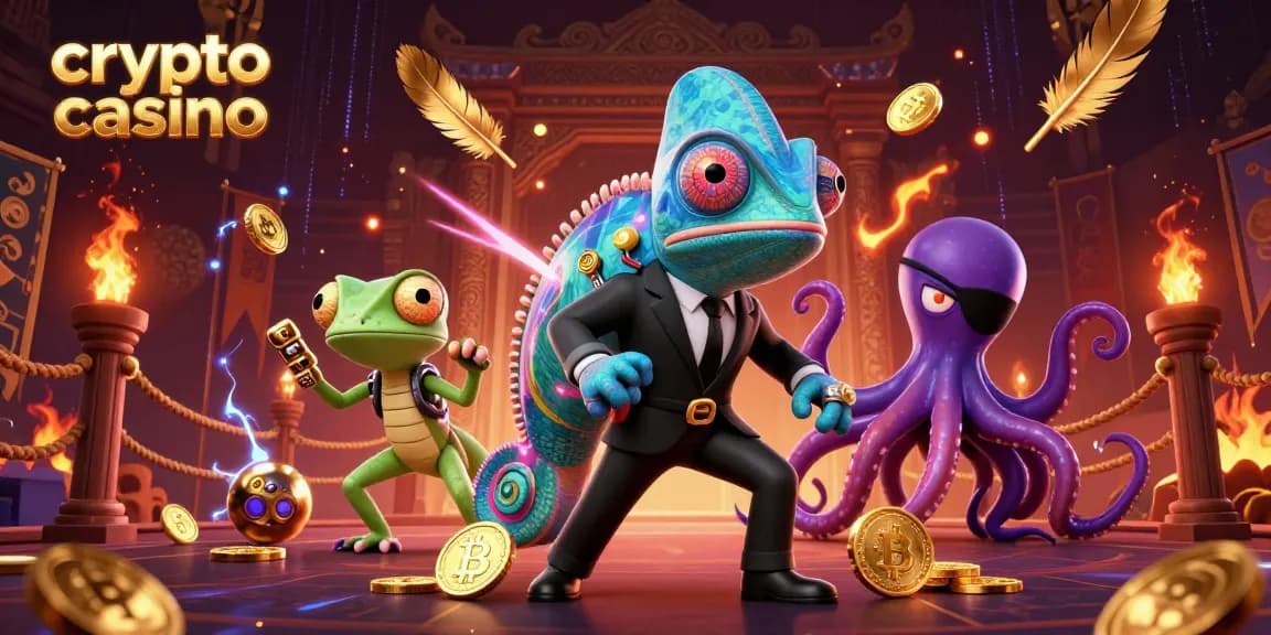 Illustration d'un crypto casino captivant avec un caméléon agent secret, un gecko tech, et une pieuvre maléfique.