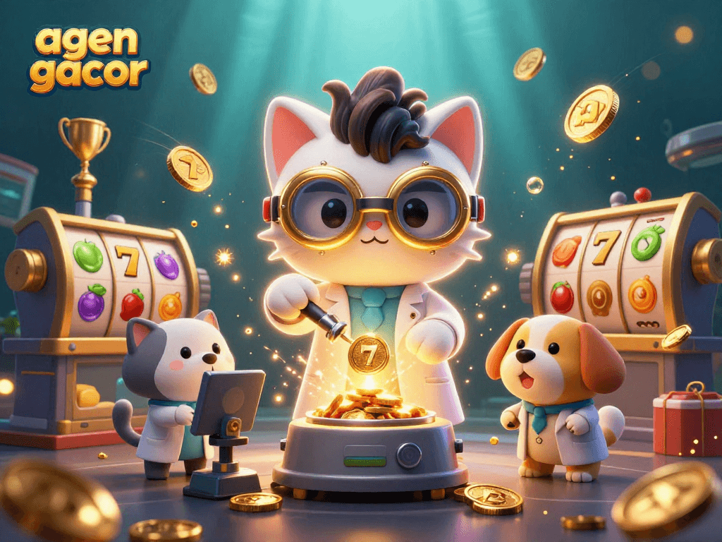 Engage with the agen gacor slots experience featuring vibrant reels and a whimsical lab scene filled with bonuses and jackpot symbols.