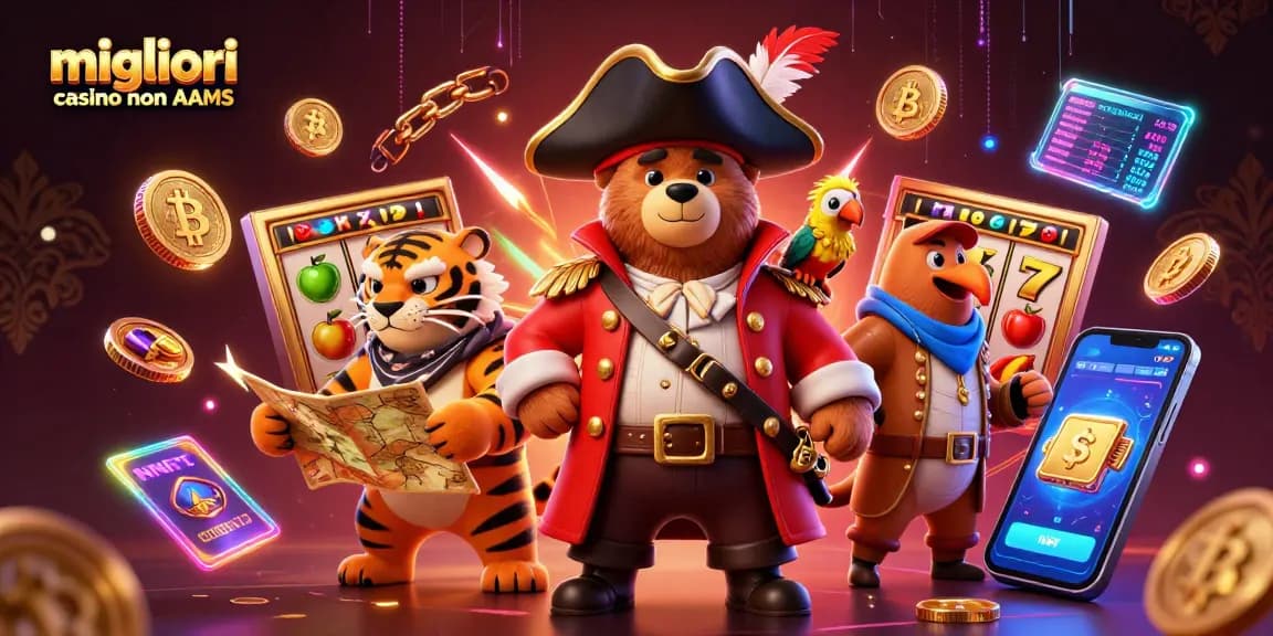 Gioca nei migliori casino non AAMS con un orso pirata e il suo equipaggio in un'illustrazione vibrante.