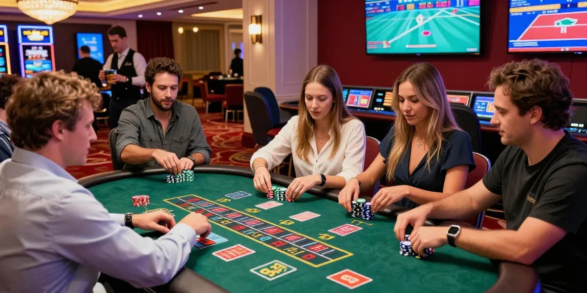 Exciting scene at credit card casino sites with diverse players enjoying blackjack and roulette.