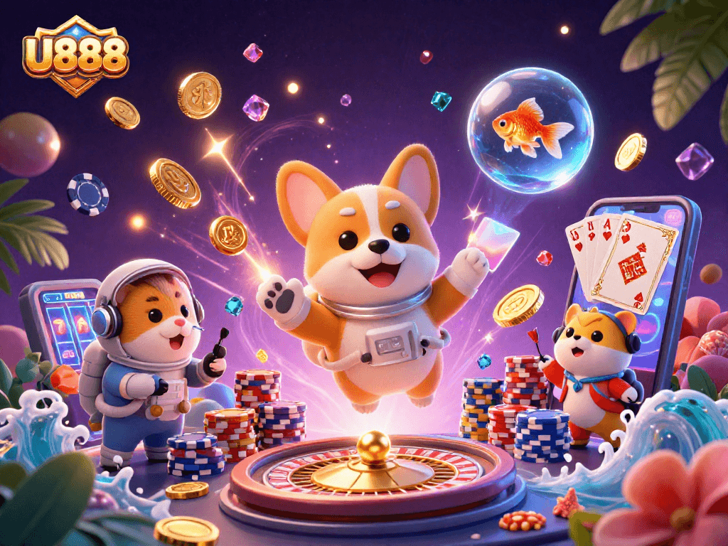 Experience thrilling U888 gaming with a vibrant 3D casino scene featuring characters and dynamic gaming elements.