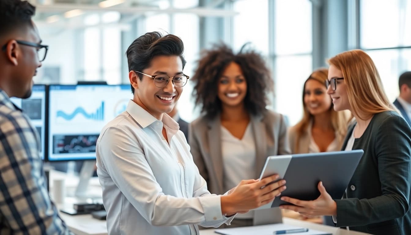 Show professional assistant for enterprise engaged with diverse teams using technology.
