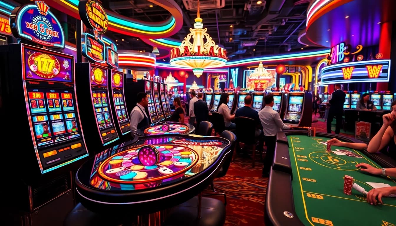 Permainan kasino bbni4d yang menarik dengan mesin slot cerah dan pemain energik.