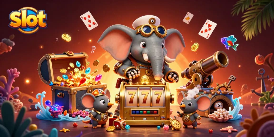 Spin the colorful slot machine with jewels and treasures in this vibrant casino scene