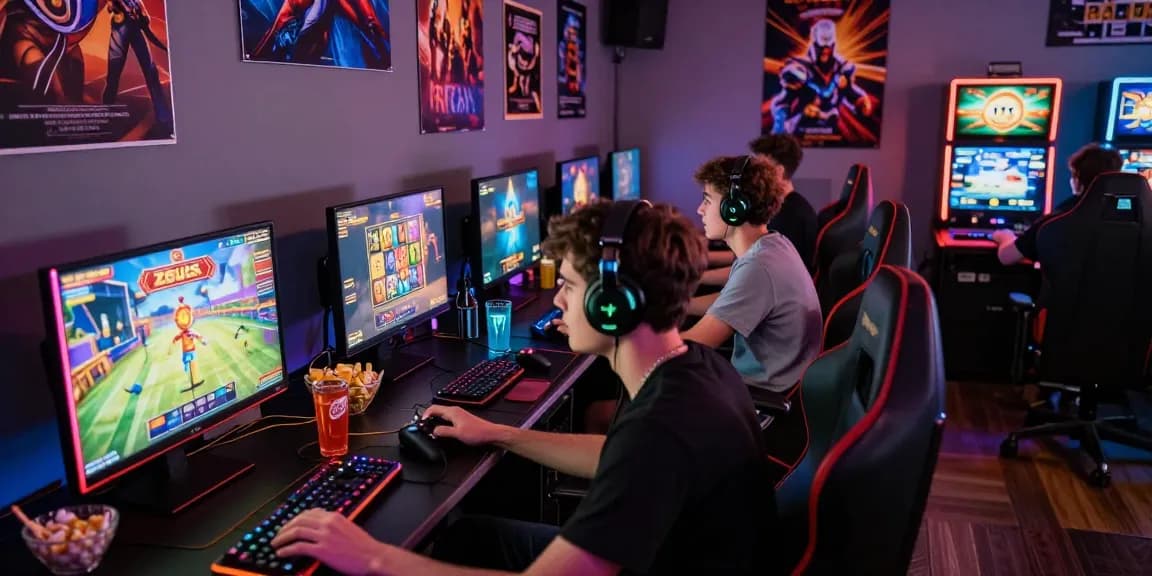 Engaged players enjoying zeus slot gaming in a vibrant online gaming room atmosphere.