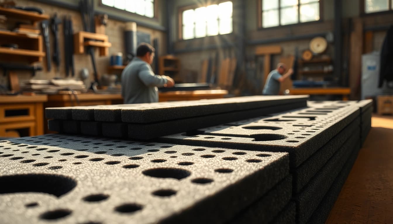 Showcasing foam for rifle case in a detailed workshop with protective foam layers.