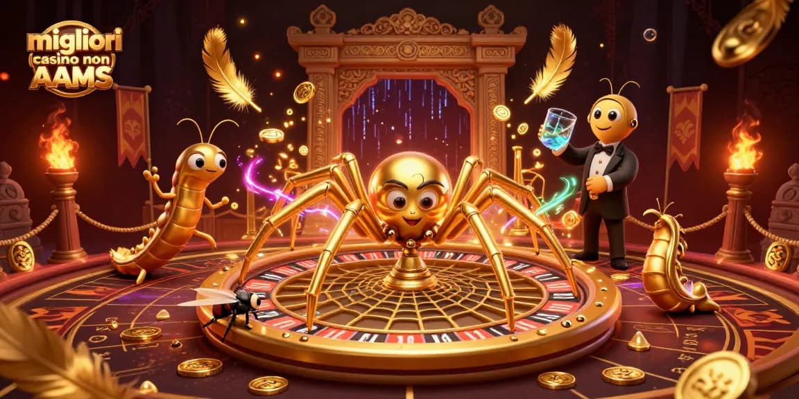 Migliori casino non AAMS: Illustrazione di una scena di gioco con una ragno dorata e un croupier millepiedi in un casinò animato.