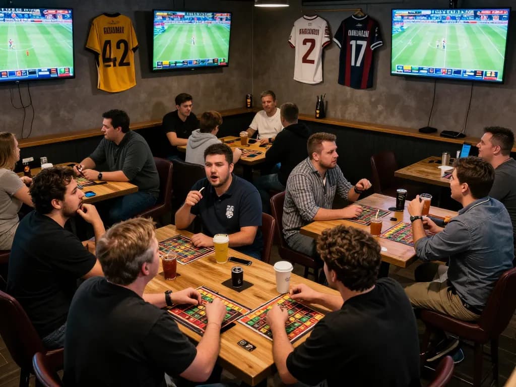 Fans engaging in live sports betting at a vibrant bar showcasing siti scommesse stranieri.