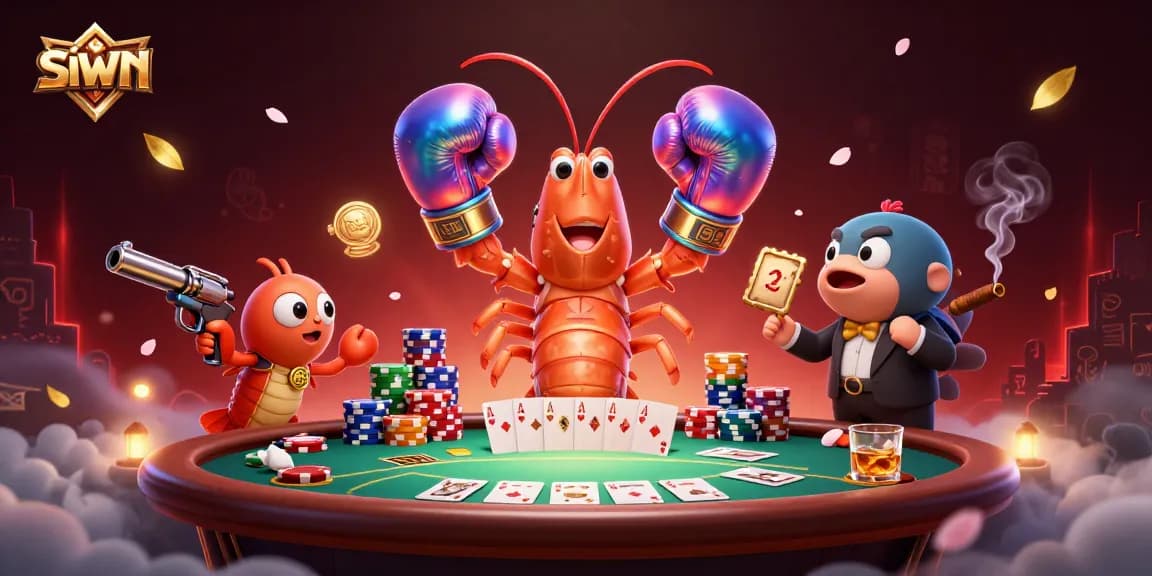 Play games at siwn: 3D cartoon mantis shrimp and friends celebrate poker wins.