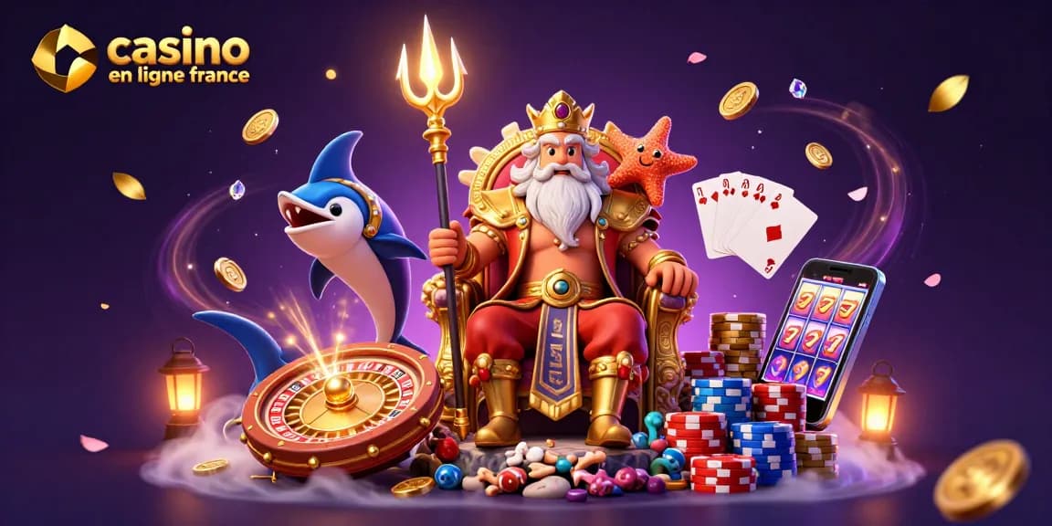 Jouez à votre casino en ligne France avec des gains palpitants, un roi Neptune entouré de jets de pièces d'or et de cartes de jeu.