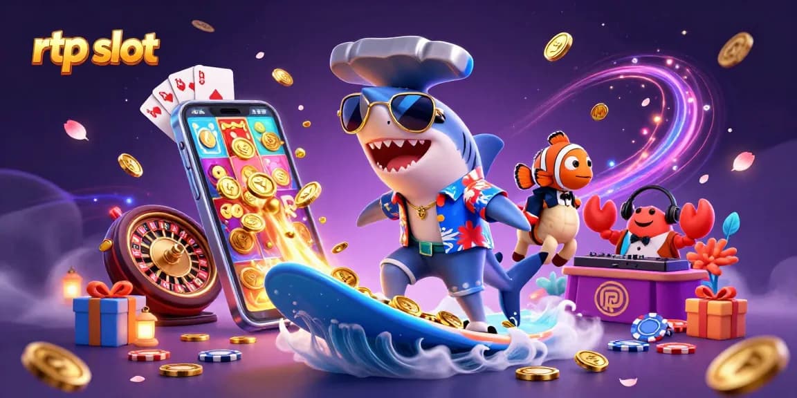 Engage with rtp slot excitement featuring a shark surfing gold coins amidst dynamic casino elements.