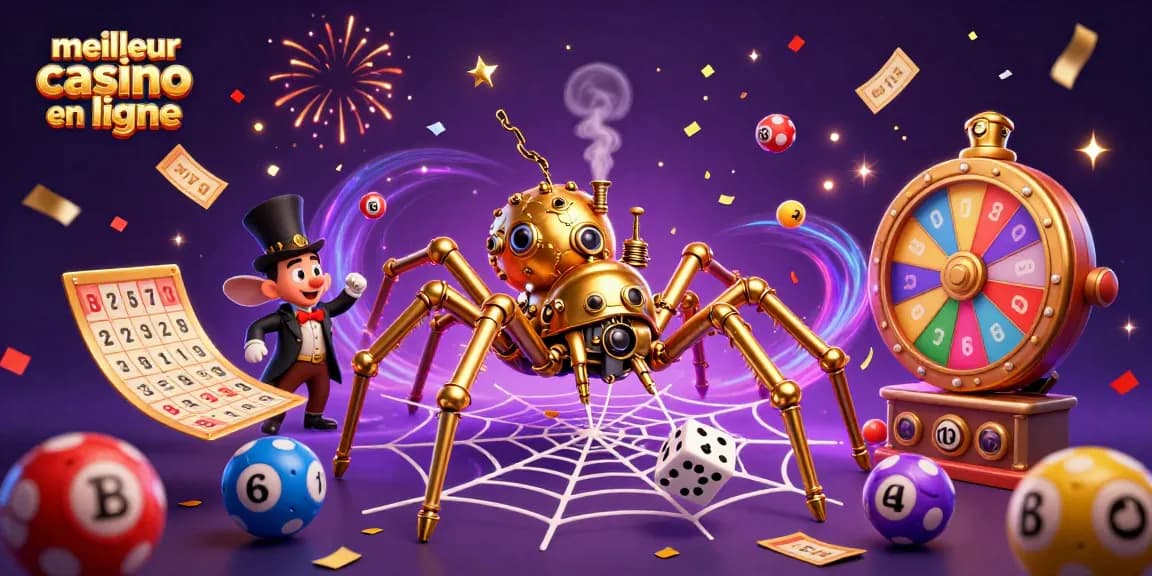 Profitez des jeux au meilleur casino en ligne avec une illustration captivante d'une araignée en steampunk.