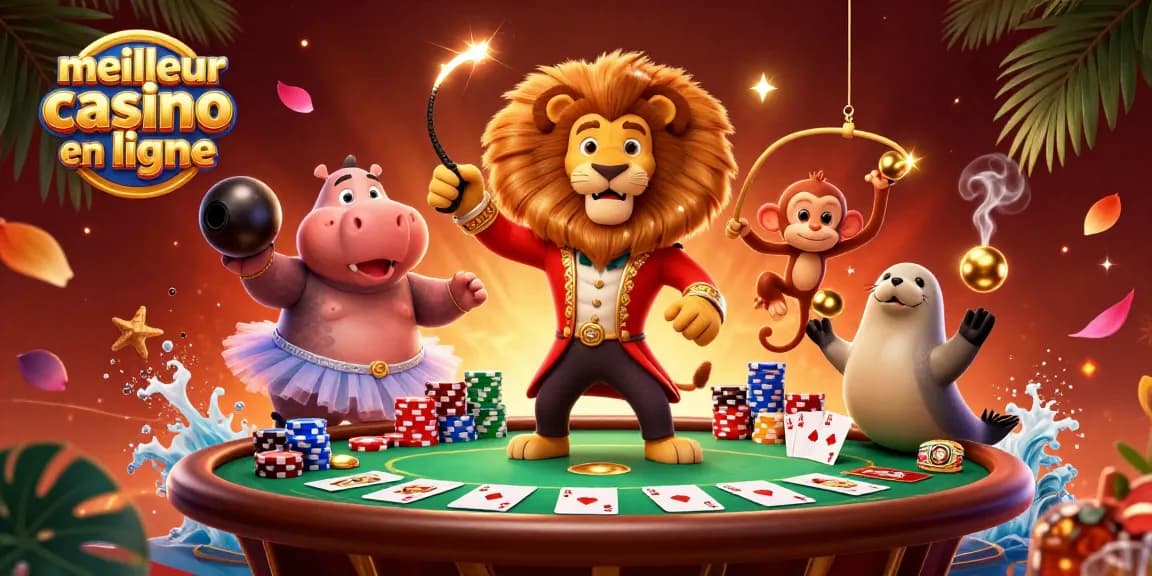 Découvrez le meilleur casino en ligne avec une illustration dynamique de personnages de cirque et d'éléments de jeu captivants.