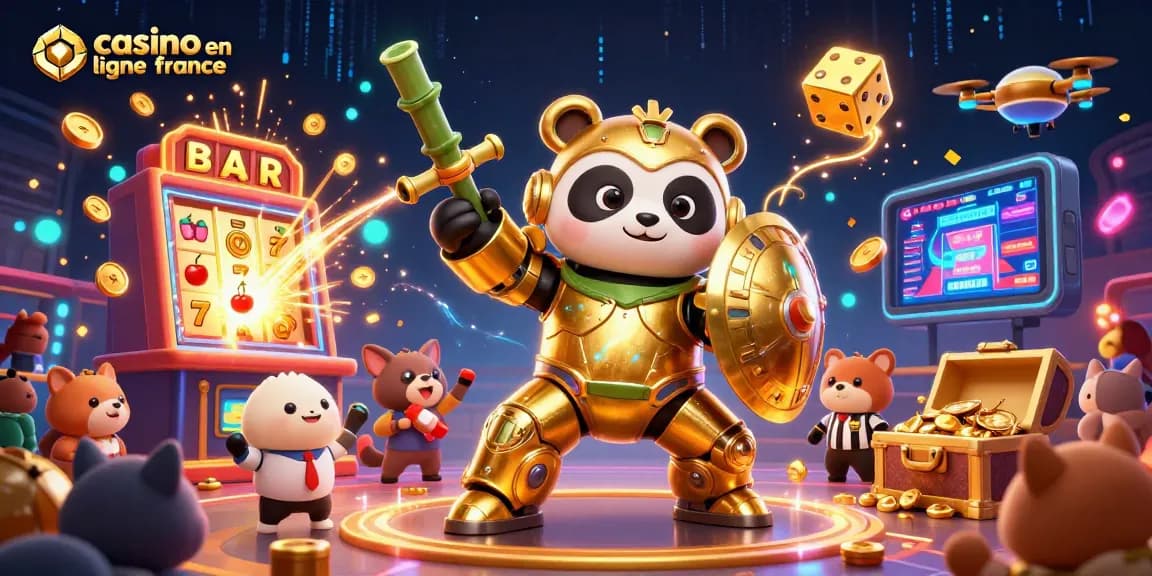 Jouez à casino en ligne France avec un panda en armure dans une illustration dynamique de casino.