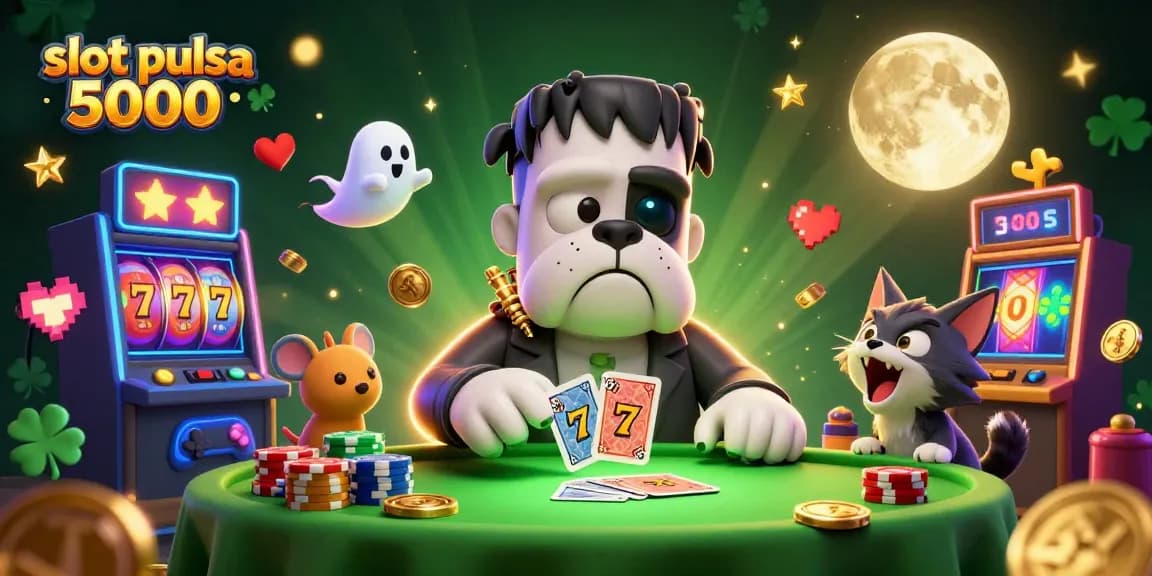 Mainkan slot pulsa 5000 dengan kasino megah di latar belakang, simbol kemenangan dan karakter menawan.