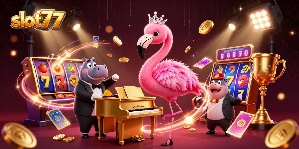 Experience the thrill of slot77 with colorful slot reels and dynamic characters in a vibrant casino scene.