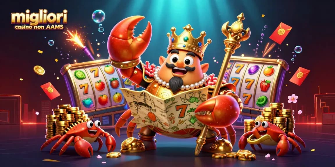 Scopri i migliori casino non AAMS con la grafica di un granchio imperiale dorato tra simboli di slot scintillanti.