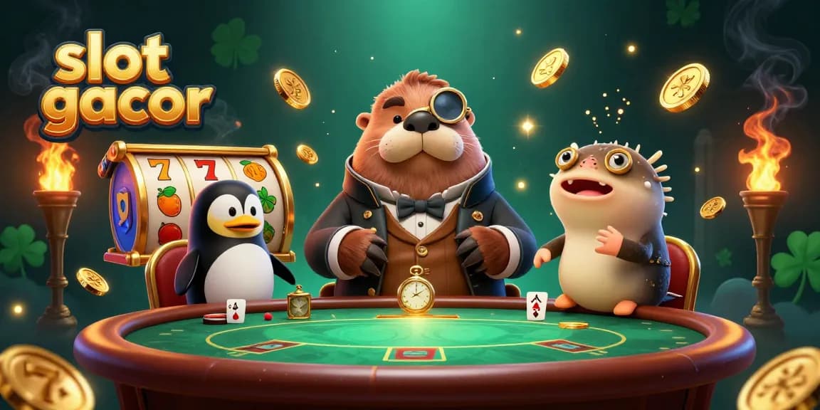 Slot gacor menampilkan walrus lucu dan dealer penguin di meja poker bawah laut.