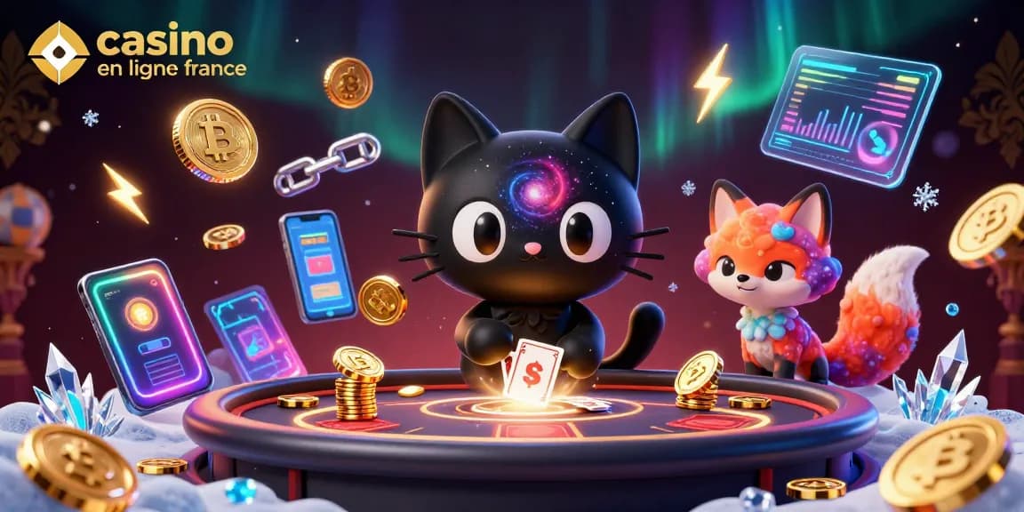 Plongez dans le monde du casino en ligne France avec des personnages galactiques attirant des jetons d'or.