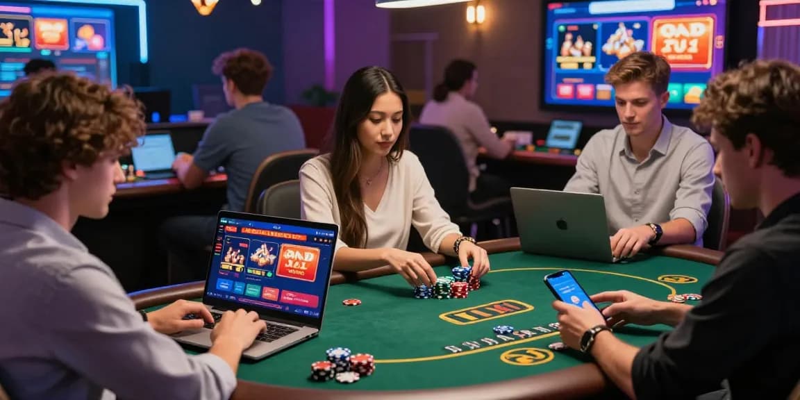 Scène de jeu passionnante de casino en ligne sans vérification avec des joueurs divers s'engageant dans des jeux sur ordinateurs portables et mobiles.