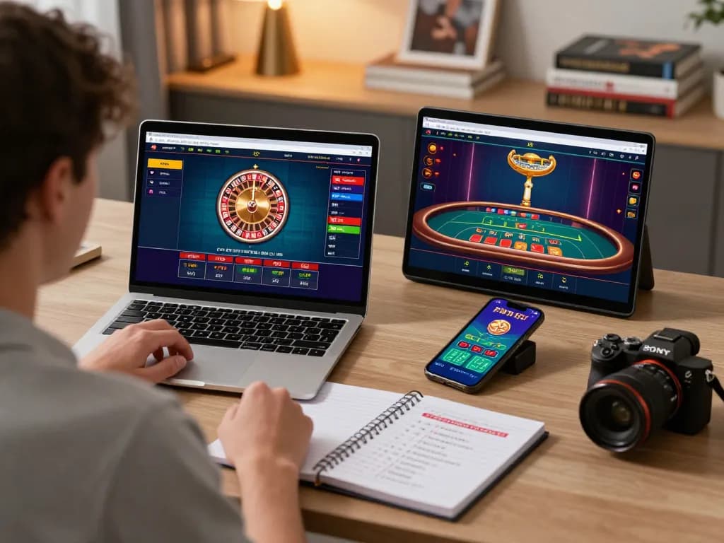 Engaged in strategizing at casinò americani online with multiple gaming screens, showcasing vibrant roulette and blackjack interfaces.