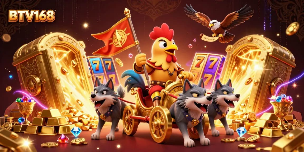 BTV168 unlocks thrilling wins with a 3D rooster and riches in this vibrant casino scene.