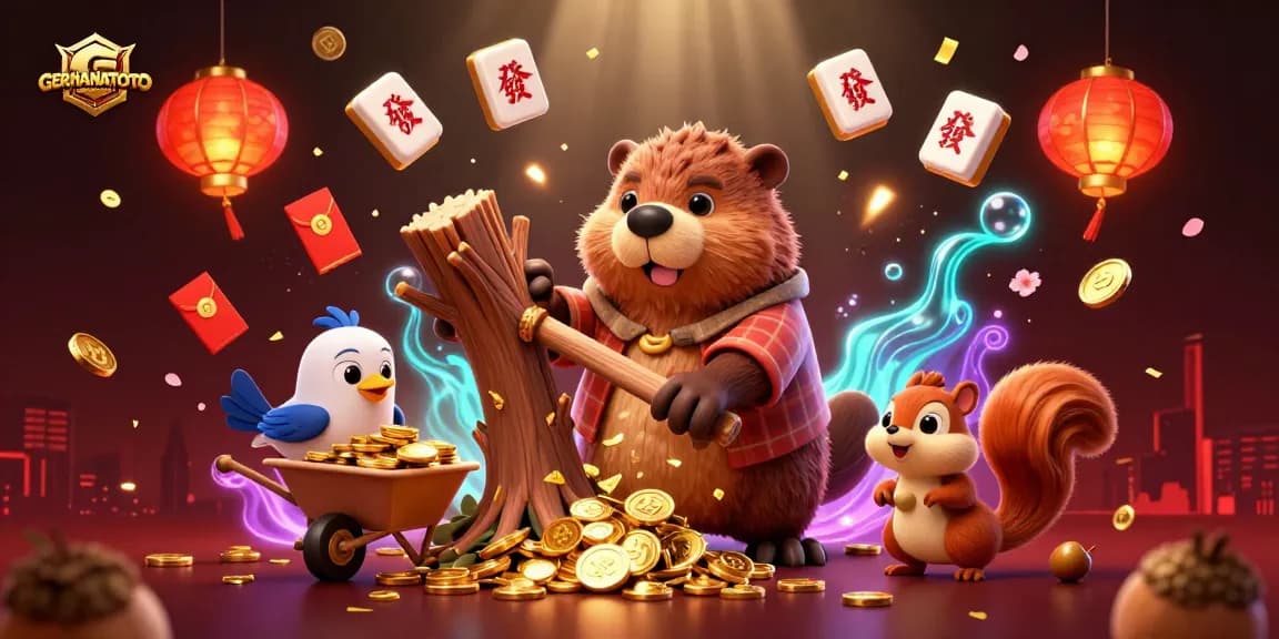 GERHANATOTO menampilkan beaver pemotong pohon yang menghasilkan koin emas dalam suasana kasino yang ceria.